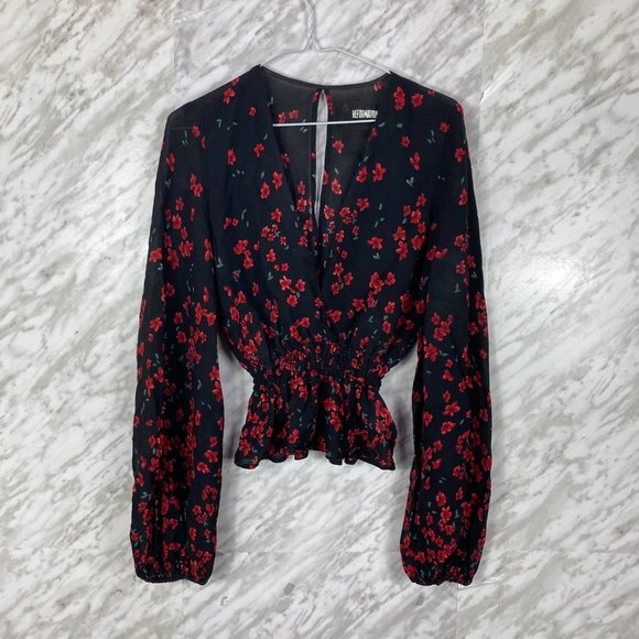 Reformation Farrow Top in Oracle Floral - Size Small - Sheer, Balloon Sleeve - Picture 3 of 8